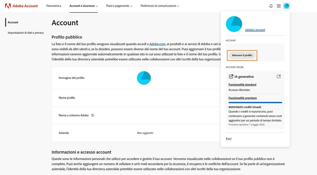 L'icona Account, disponibile nell'angolo in alto a destra della finestra del tuo account Adobe, offre l'opzione per cambiare il profilo del tuo account.