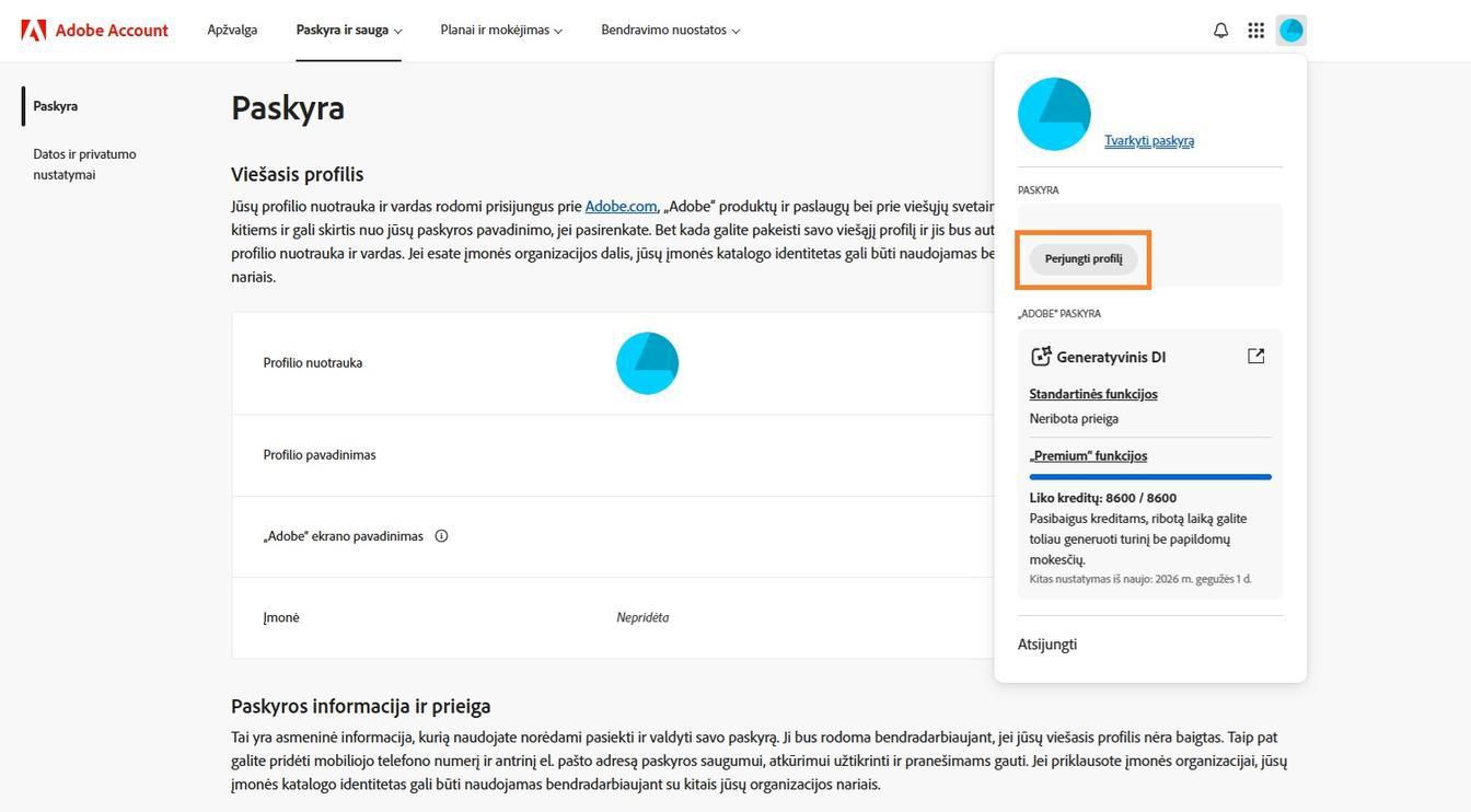 Paskyros piktograma, esanti viršutiniame dešiniajame „Adobe“ paskyros lango kampe, suteikia galimybę perjungti paskyros profilį.
