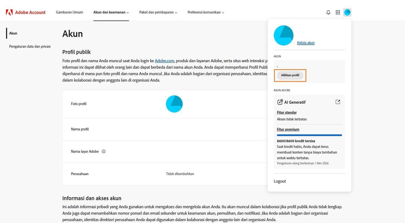 Ikon Akun, tersedia di sudut kanan atas jendela akun Adobe Anda, menyediakan opsi untuk beralih profil akun Anda.