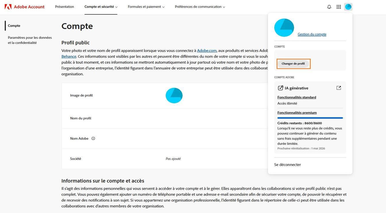 L’icône Compte, disponible dans le coin supérieur droit de la fenêtre de votre compte Adobe, offre la possibilité de changer de profil de compte.