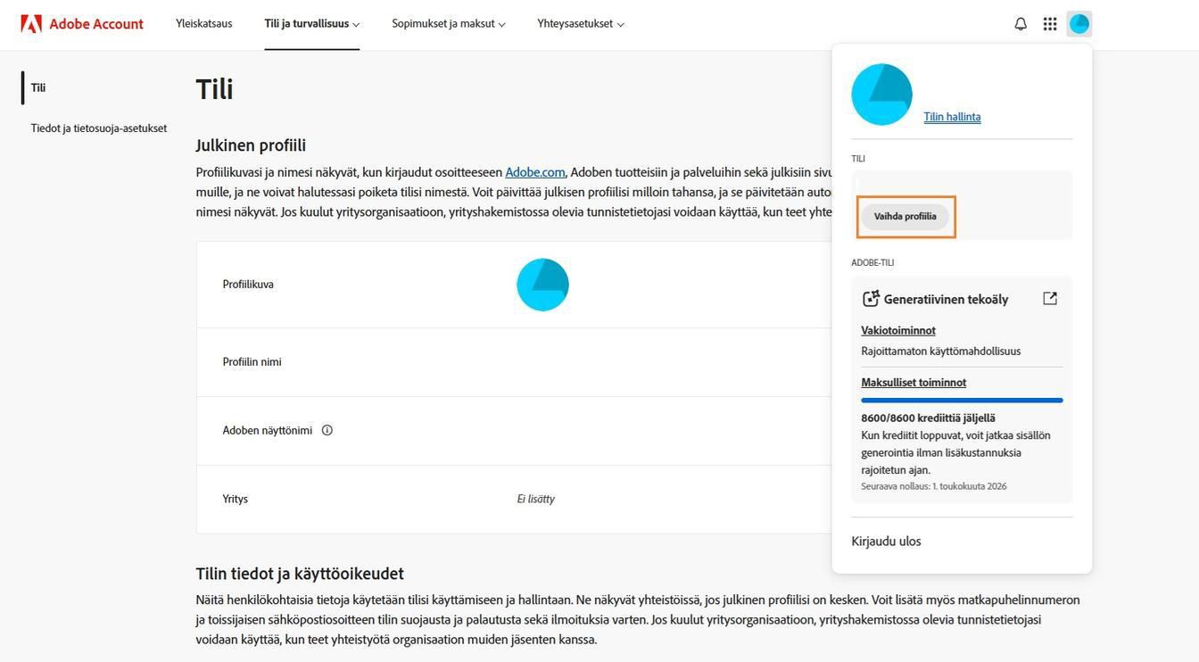Tili-kuvake, joka näkyy Adobe-tilisi ikkunan oikeassa yläkulmassa, tarjoaa mahdollisuuden vaihtaa tiliprofiiliasi.