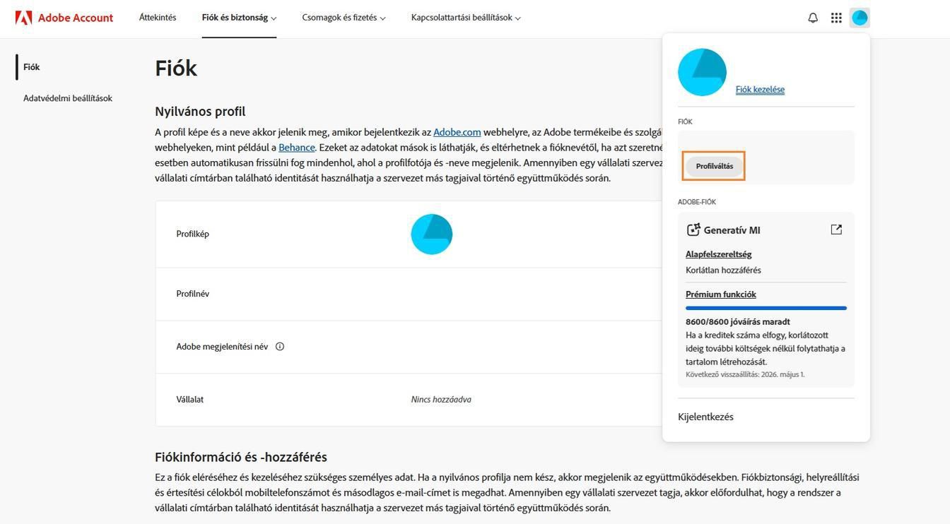A Fiók ikon, amely az Adobe-fiók ablakának jobb felső sarkában található, lehetőséget biztosít a fiókprofil váltására.