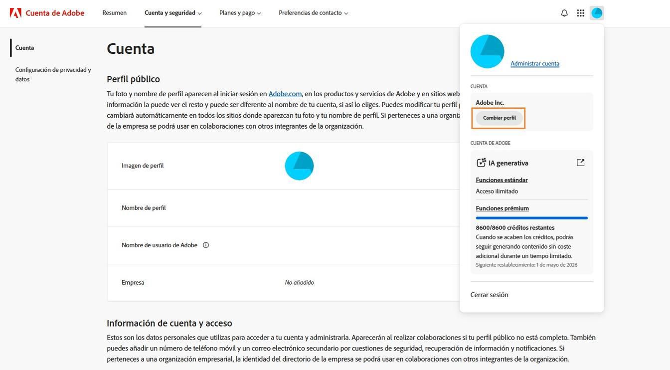 El icono de Cuenta, disponible en la esquina superior derecha de la ventana de su cuenta de Adobe, proporciona la opción de cambiar el perfil de su cuenta.