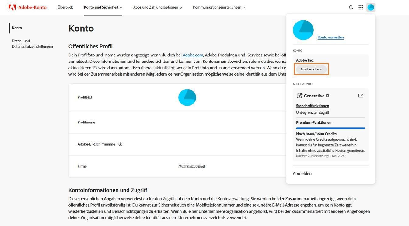 Das Konto-Symbol, das in der oberen rechten Ecke deines Adobe-Konto-Fensters verfügbar ist, bietet die Option, dein Kontoprofil zu wechseln.