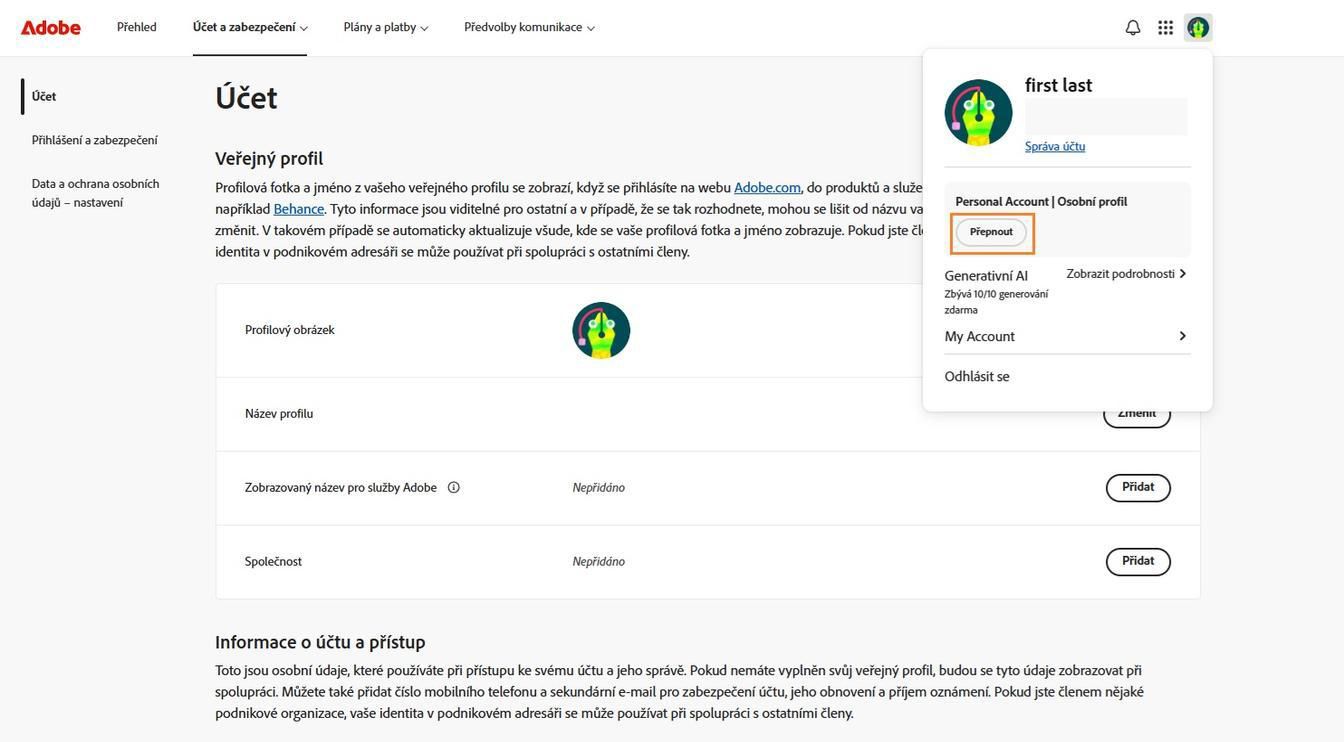 Ikona Účet, která je k dispozici v pravém horním rohu okna vašeho účtu Adobe, poskytuje možnost přepnout profil vašeho účtu.