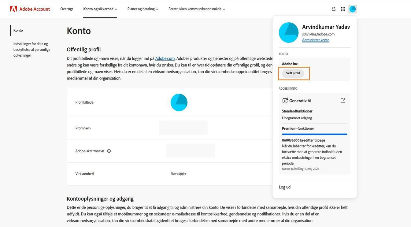 Ikonet Konto, som er tilgængeligt i øverste højre hjørne af dit Adobe-kontovindue, giver mulighed for at skifte din kontoprofil.