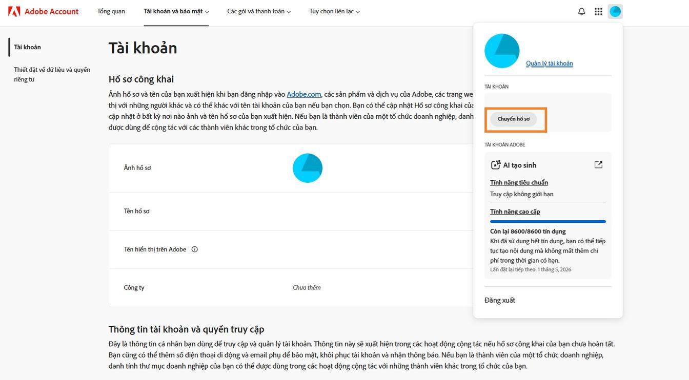 Biểu tượng Tài khoản, có sẵn ở góc trên bên phải của cửa sổ tài khoản Adobe, cung cấp tùy chọn chuyển đổi hồ sơ tài khoản của bạn.