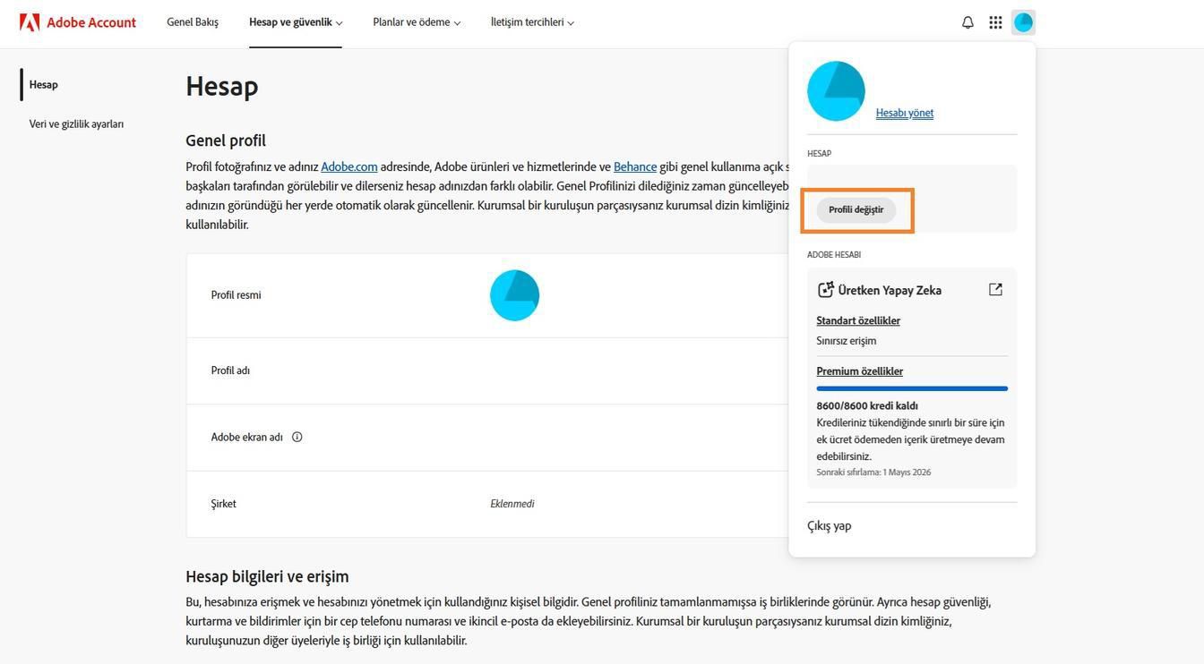Adobe hesap penceresinin sağ üst köşesinde bulunan Hesap simgesi, hesap profilinizi değiştirme seçeneği sunar.