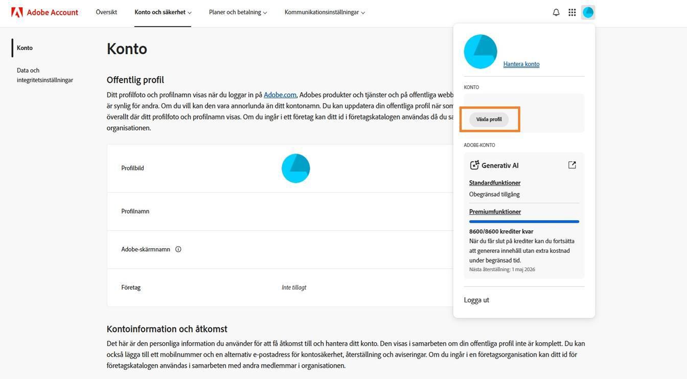 Konto-ikonen, som finns i det övre högra hörnet av ditt Adobe-kontofönster, ger dig möjlighet att växla din kontoprofil.