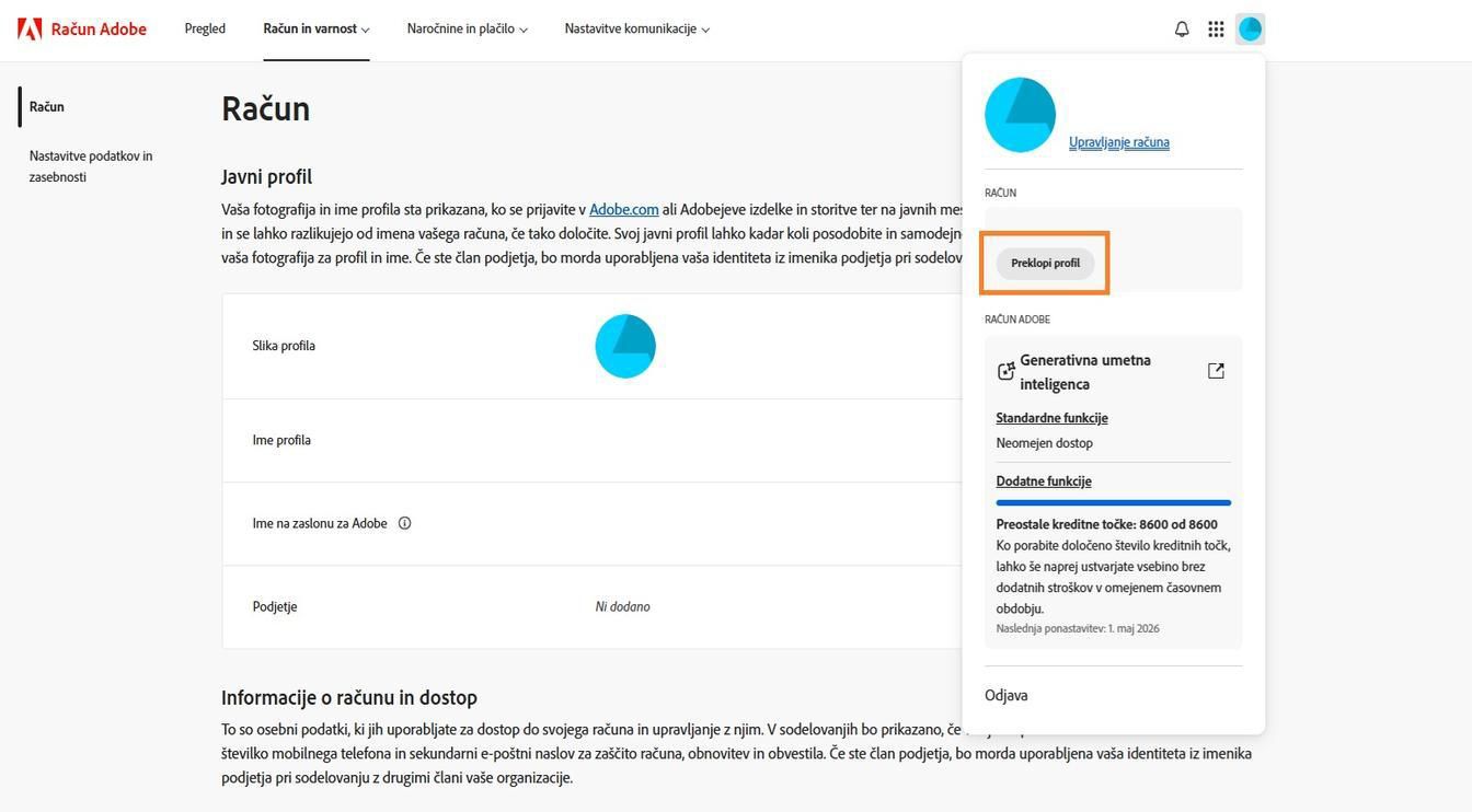 Ikona računa, ki je na voljo v zgornjem desnem kotu okna vašega računa Adobe, omogoča preklapljanje profila računa.