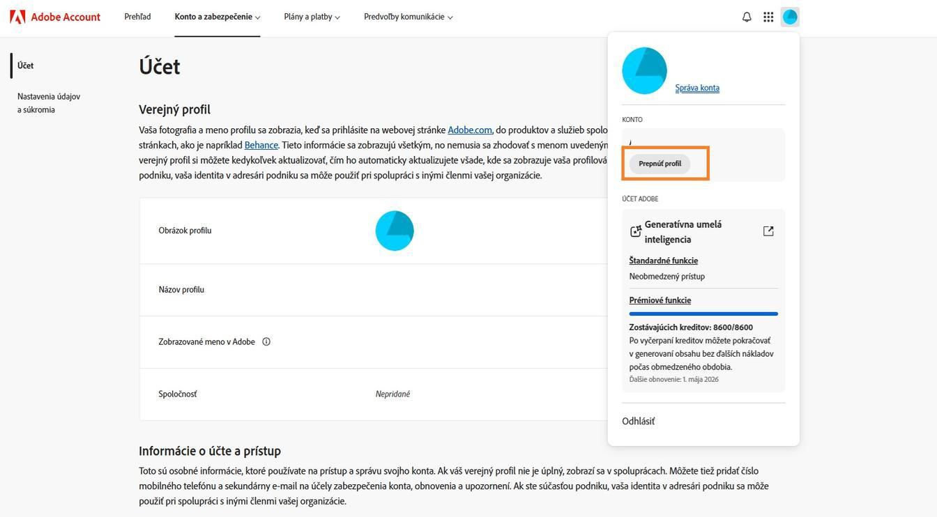 Ikona Konto v pravom hornom rohu okna vášho konta Adobe umožňuje prepnúť profil konta.