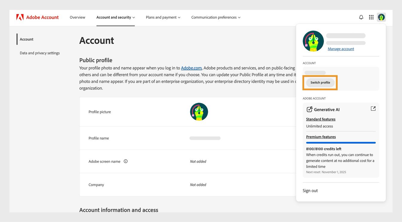 The Account icon, available on the top-right corner of your Adobe account window, provides the option to switch your account profile.