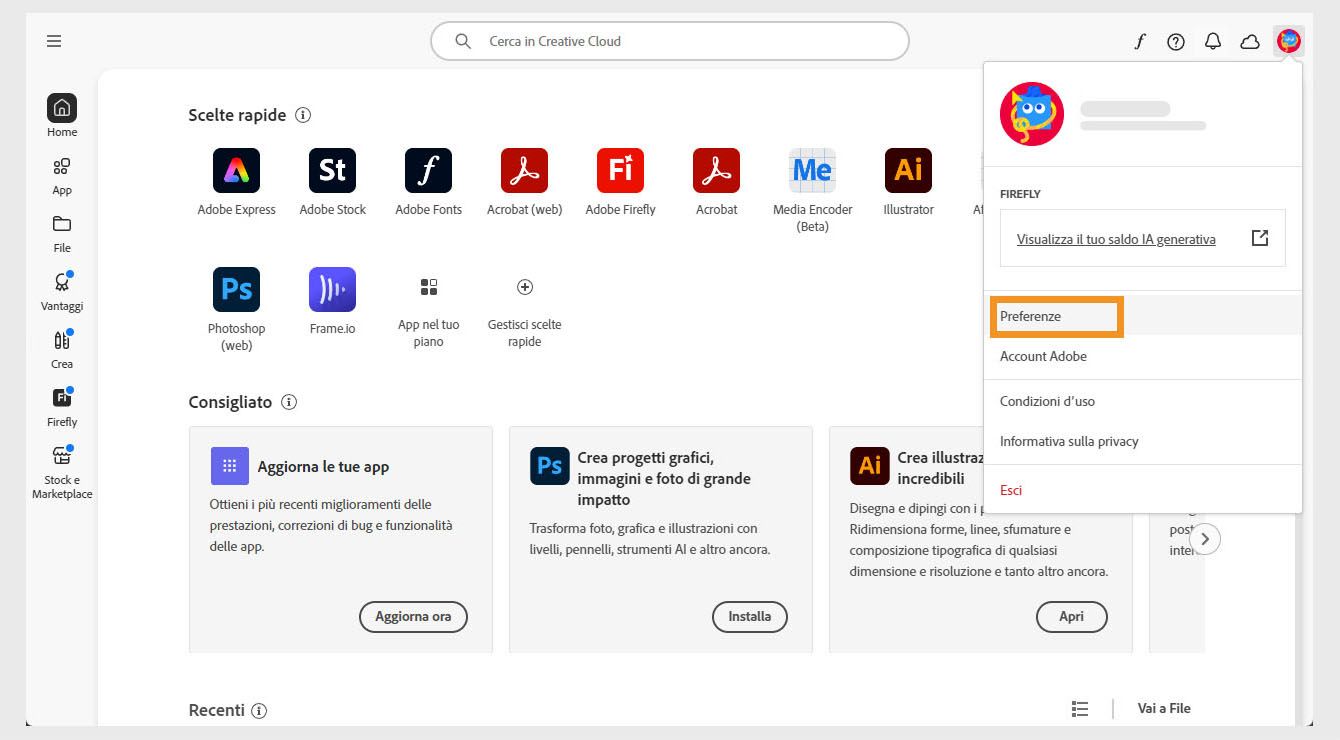 Il menu Account contiene opzioni come Preferenze, Esci e crediti generativi mensili per le funzionalità di IA generativa. 