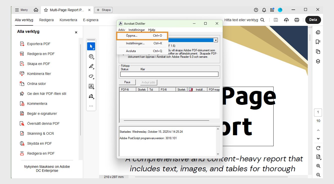 Fönstret Acrobat Distiller visar menyn Arkiv med följande alternativ: Öppna, Inställningar och Avsluta.