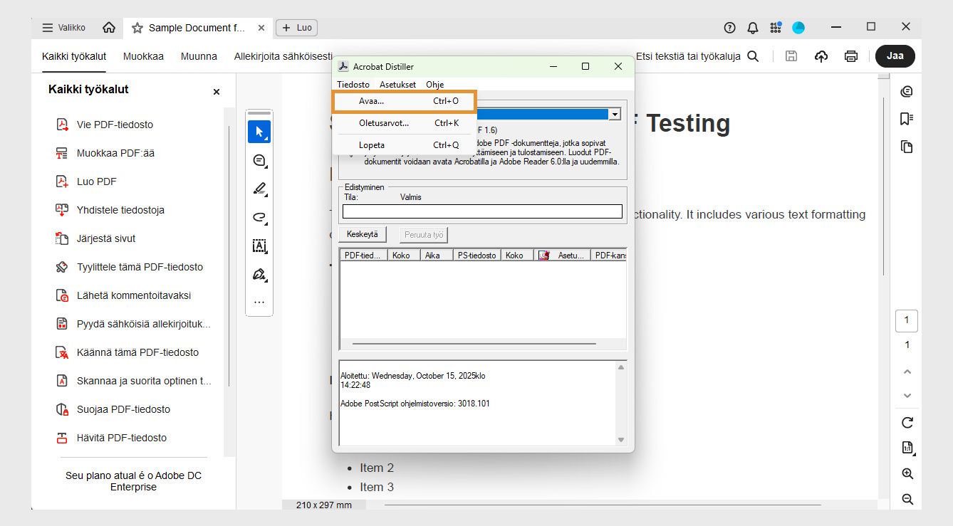 Acrobat Distiller -ikkunassa näkyy Tiedosto-valikko, jossa on seuraavat vaihtoehdot: Avaa, Asetukset ja Lopeta.