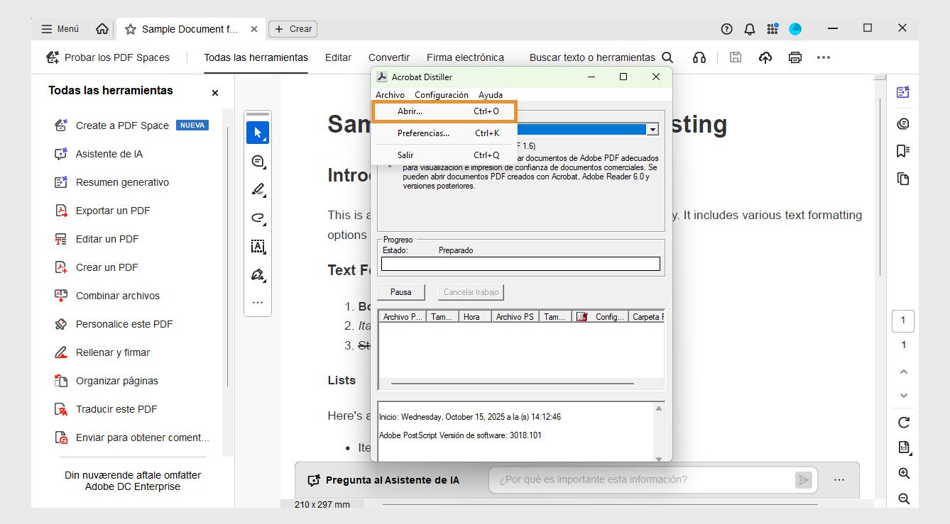 La ventana de Acrobat Distiller muestra el menú Archivo con las siguientes opciones: Abrir, Preferencias y Cerrar.
