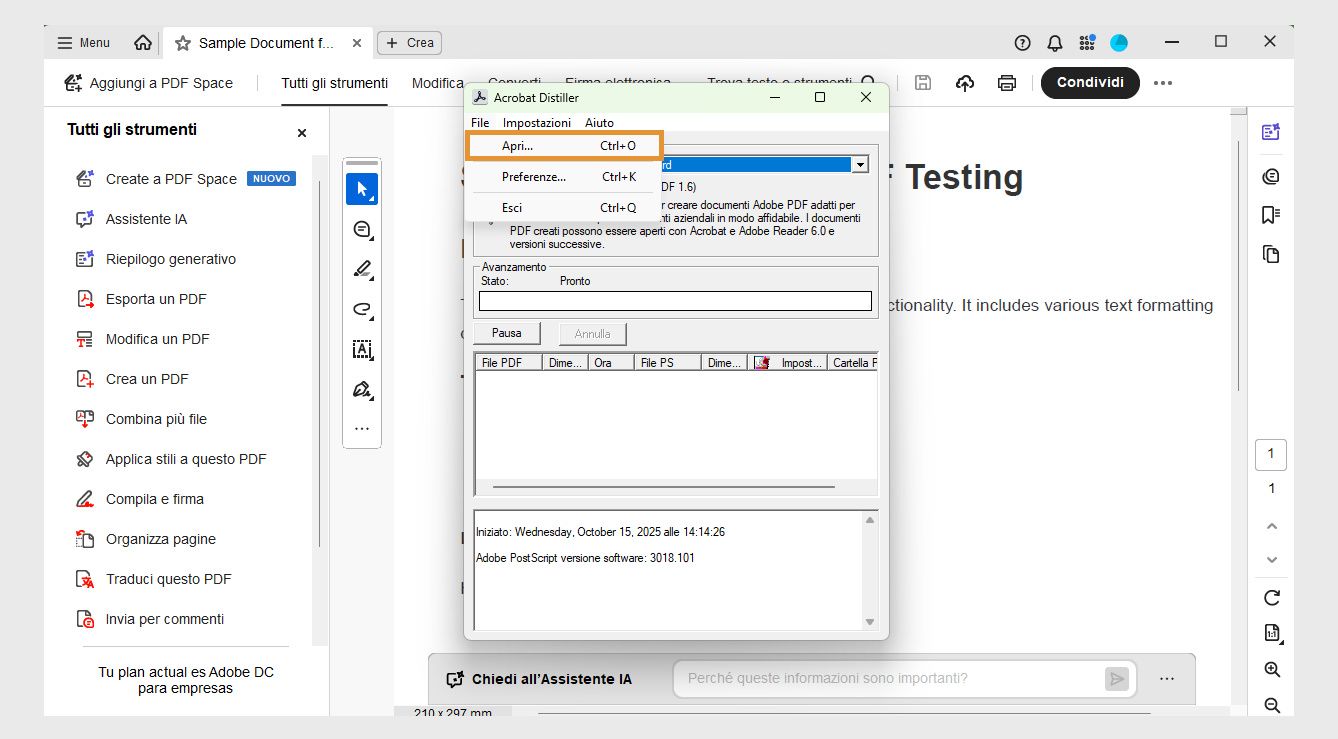 La finestra di Acrobat Distiller mostra il menu File con le seguenti opzioni: Apri, Preferenze ed Esci.