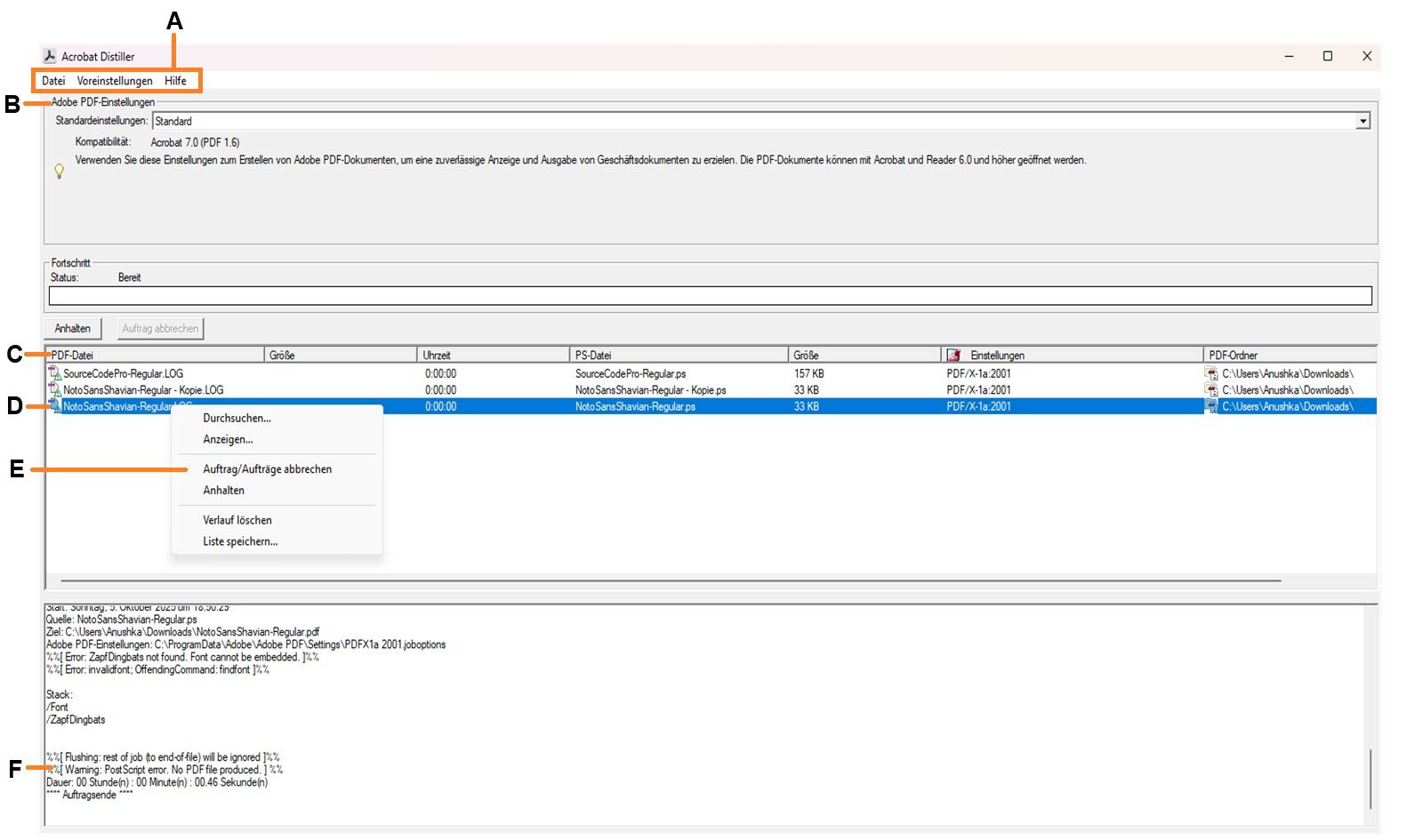 Das Fenster „Acrobat Distiller“ zeigt verschiedene Bereiche an, darunter Menüs, Adobe PDF-Einstellungsdateien, Dateien in der Auftragswarteschlange, Fehlerhafter Auftrag, Menü „Inhalte“ und Status.