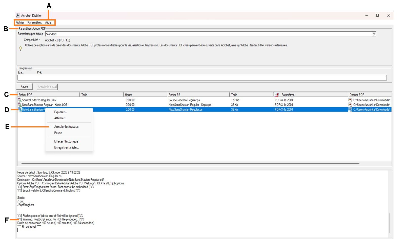 La fenêtre d’Acrobat Distiller présente diverses sections, notamment les menus, les fichiers de paramètres Adobe PDF, les fichiers contenus dans la file d’attente, les tâches en échec, le menu contextuel et l’état. 