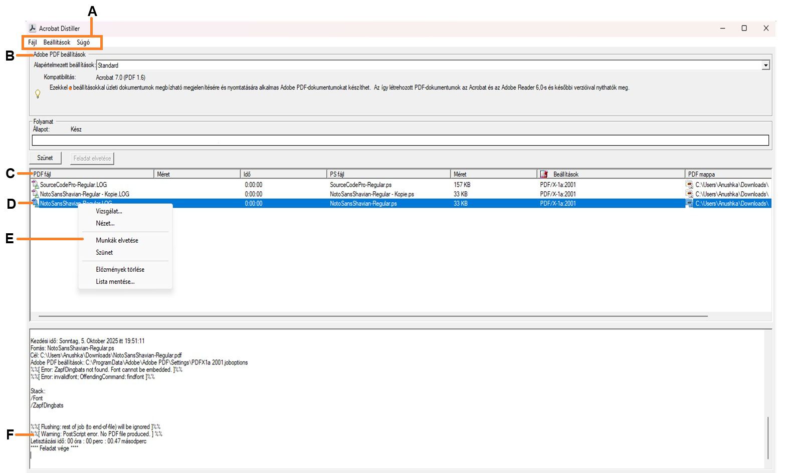 Az Acrobat Distiller ablak különböző részeket jelenít meg, beleértve a menüket, Adobe PDF-beállítási fájljait, a feladatok várólistáján lévő fájlokat, a sikertelen feladatot, a Tartalom menüt és az állapotot. 