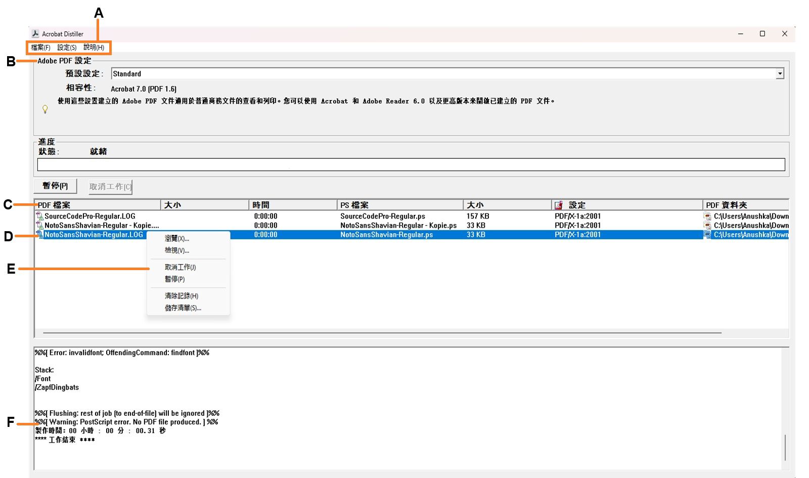 Acrobat Distiller 視窗會顯示各種區段，包括「選單」、「Adobe PDF 設定檔案」、「工作佇列中的檔案」、「失敗的工作」、「內容選單」和「狀態」。