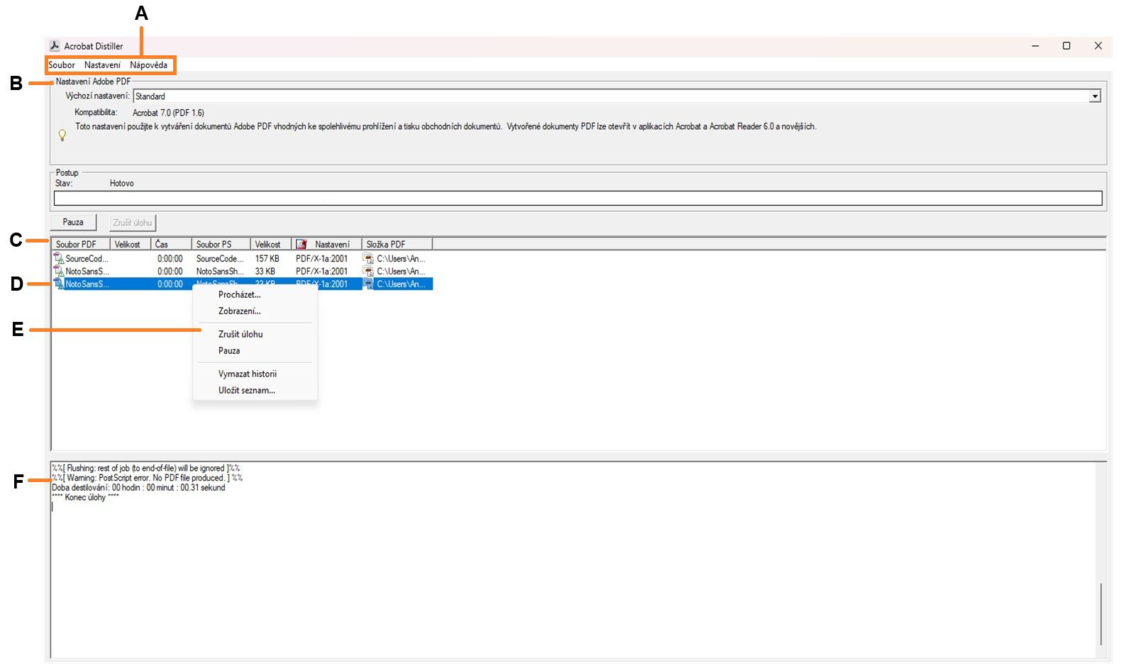Okno aplikace Acrobat Distiller zobrazuje různé sekce včetně nabídek, souborů nastavení Adobe PDF, souborů ve frontě úloh, neúspěšných úloh, kontextové nabídky a stavu.