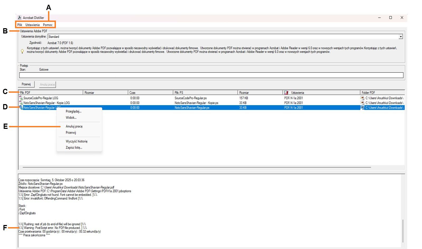 Okno programu Acrobat Distiller wyświetla różne sekcje, w tym menu, pliki ustawień Adobe PDF, pliki w kolejce zadań, nieudane zadania, menu kontekstowe i stan. 