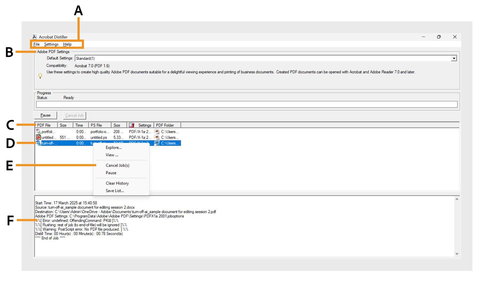 Ipinapakita ng window ng Acrobat Distiller ang iba't ibang seksyon kabilang ang Menus, Adobe PDF settings files, Files in job queue, Failed job, Content menu, at Status. 