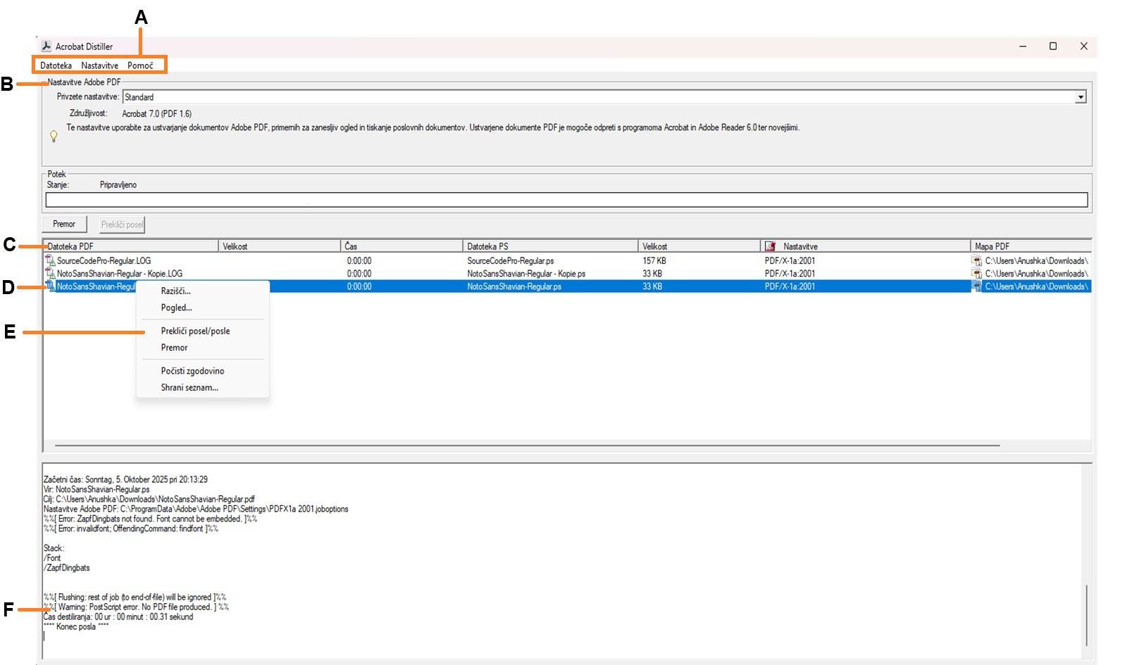 Okno Acrobat Distiller prikazuje različne razdelke, vključno z meniji, datotekami z nastavitvami Adobe PDF, datotekami v čakalni vrsti opravil, neuspelimi opravili, menijem vsebine in stanjem. 