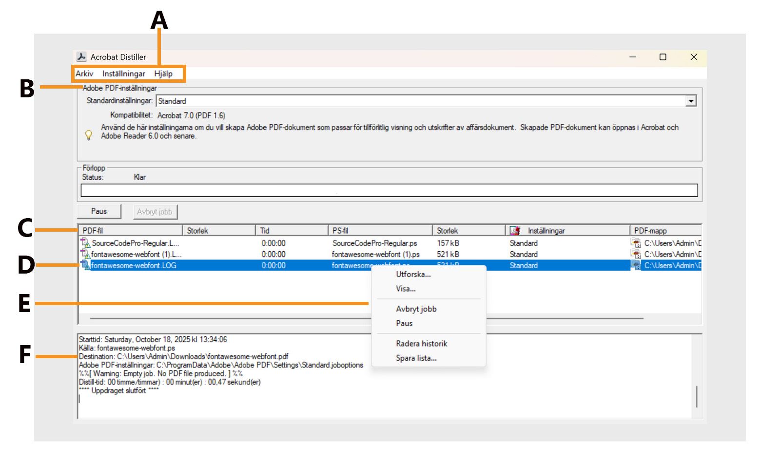 Acrobat Distiller-fönstret visar olika sektioner inklusive Menyer, Adobe PDF-inställningsfiler, Resurser i jobbkö, Misslyckade jobb, Innehållsmeny och Status. 