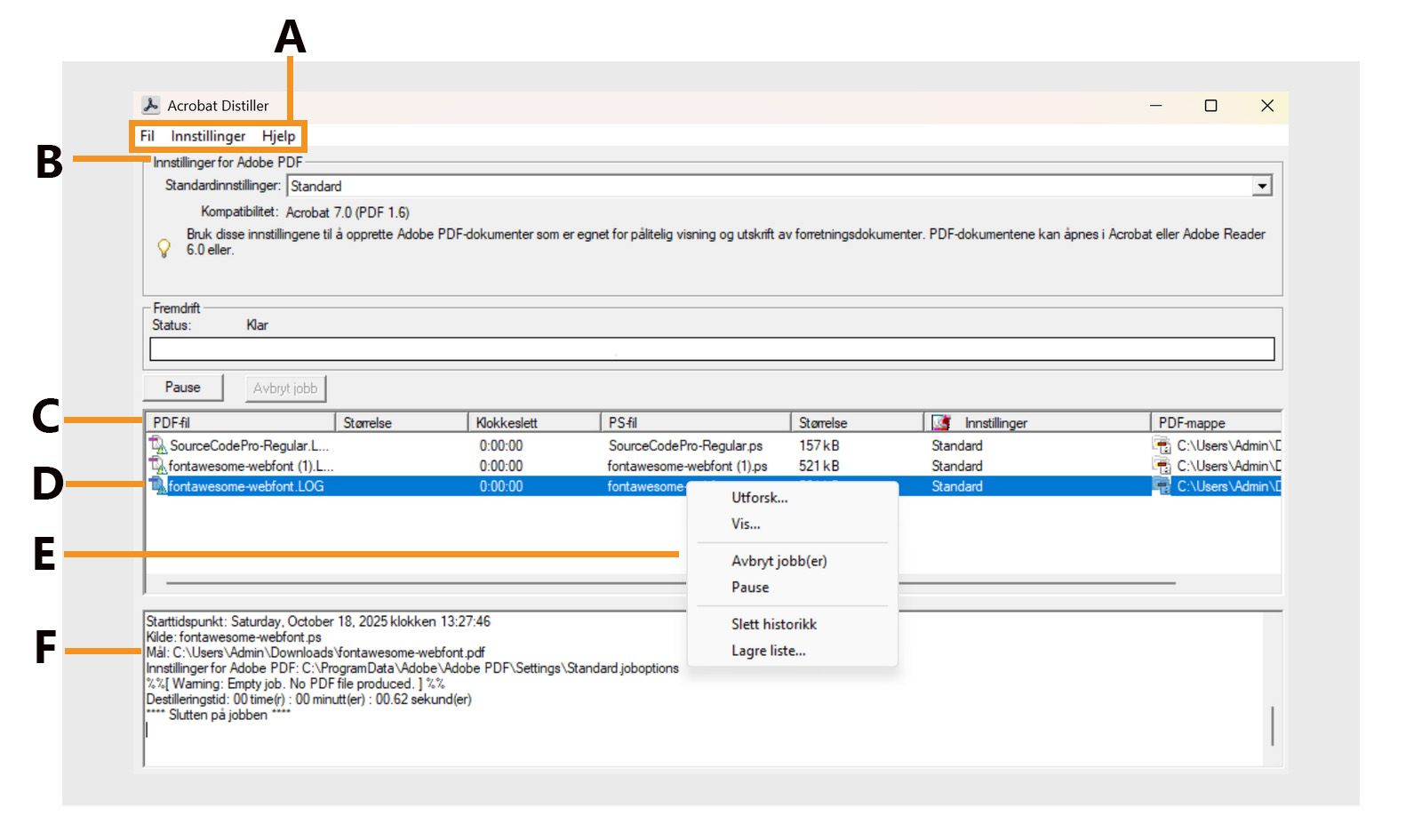 Acrobat Distiller-vinduet viser ulike seksjoner, inkludert menyer, Adobe PDF-innstillingsfiler, filer i jobbkø, mislykket jobb, innholdsmeny og status. 