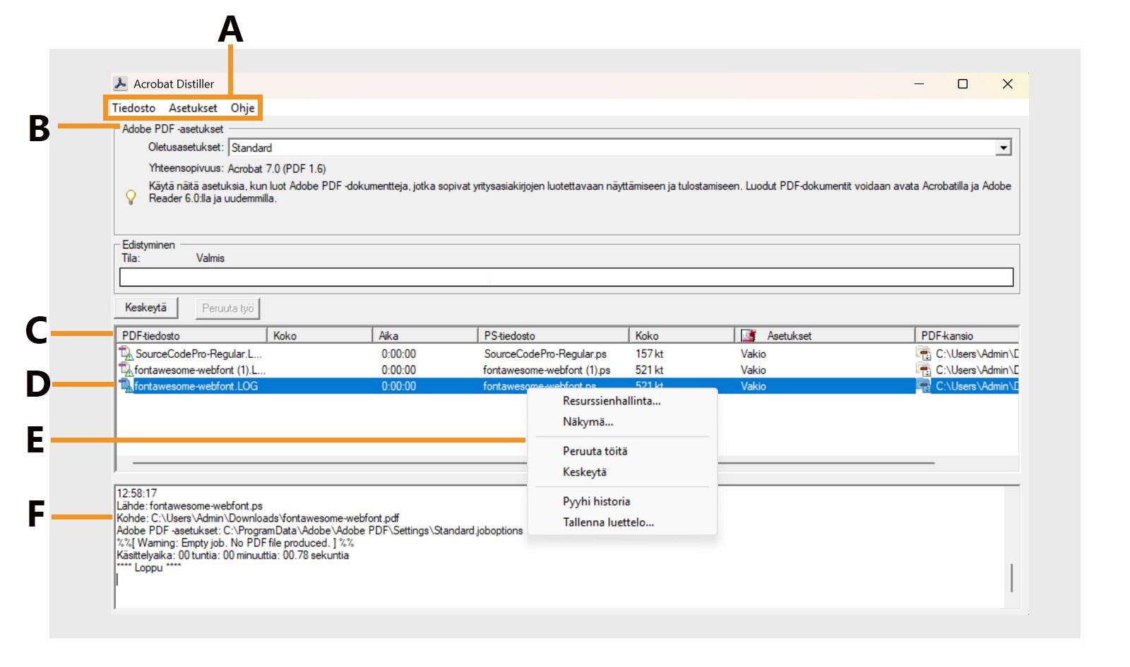 Acrobat Distiller -ikkuna näyttää useita osioita mukaan lukien valikot, Adobe PDF -asetustiedostot, työjonon tiedostot, epäonnistuneet työt, sisältövalikko ja tila. 
