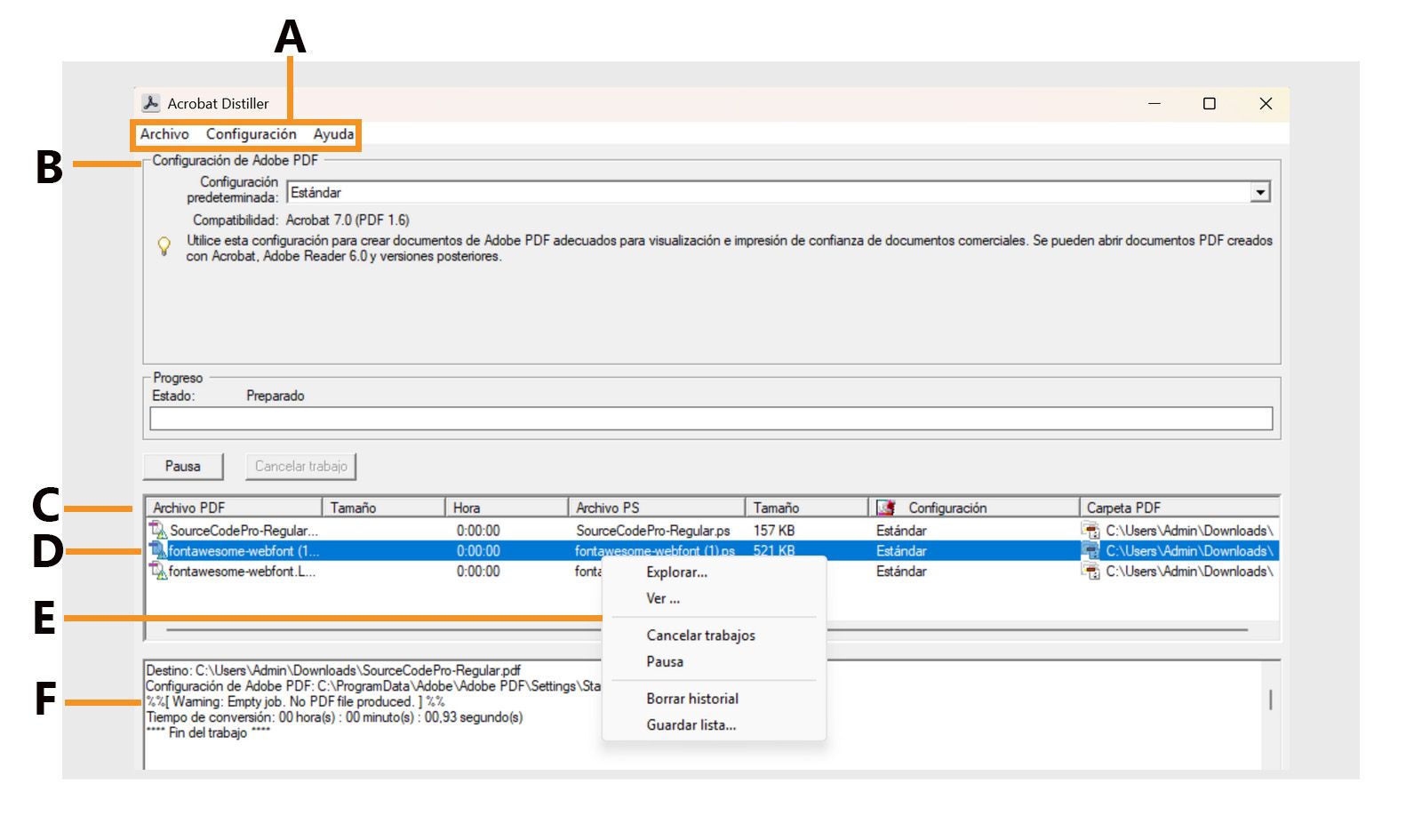 La ventana de Acrobat Distiller muestra varias secciones, incluyendo Menús, archivos de configuración de Adobe PDF, Archivos en la cola de trabajo, Trabajo fallido, Menú de contenido y Estado. 