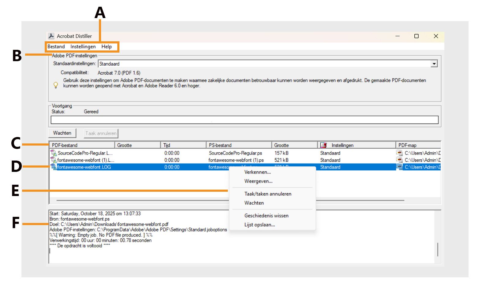 In het Acrobat Distiller-venster worden verschillende secties weergegeven, waaronder menu's, Adobe PDF-instellingenbestanden, bestanden in de taakwachtrij, mislukte taak, het menu Inhoud en Status. 