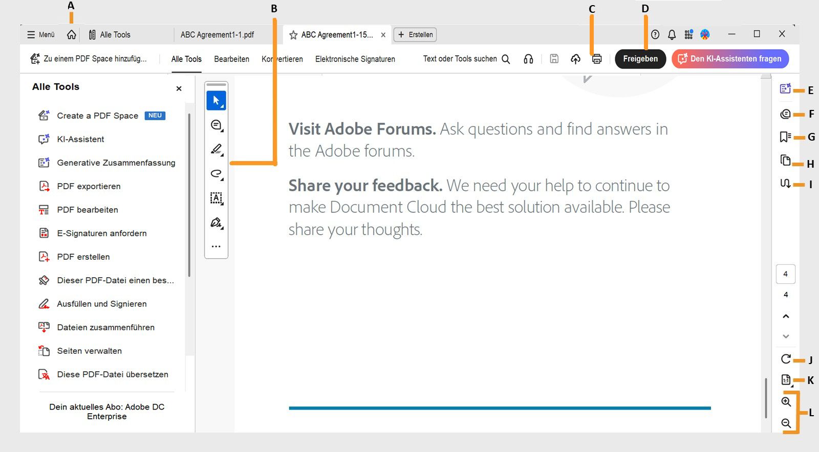 Die Acrobat-Dokumentansicht zeigt den Dokumentbereich in der Mitte, mit dem Bedienfeld „Alle Werkzeuge&quot; und der Symbolleiste für Schnellaktionen links und dem Navigationsbereich rechts.Die obere Leiste enthält das Home-Symbol, die Druckoptionen und die Schaltfläche „Freigeben“.