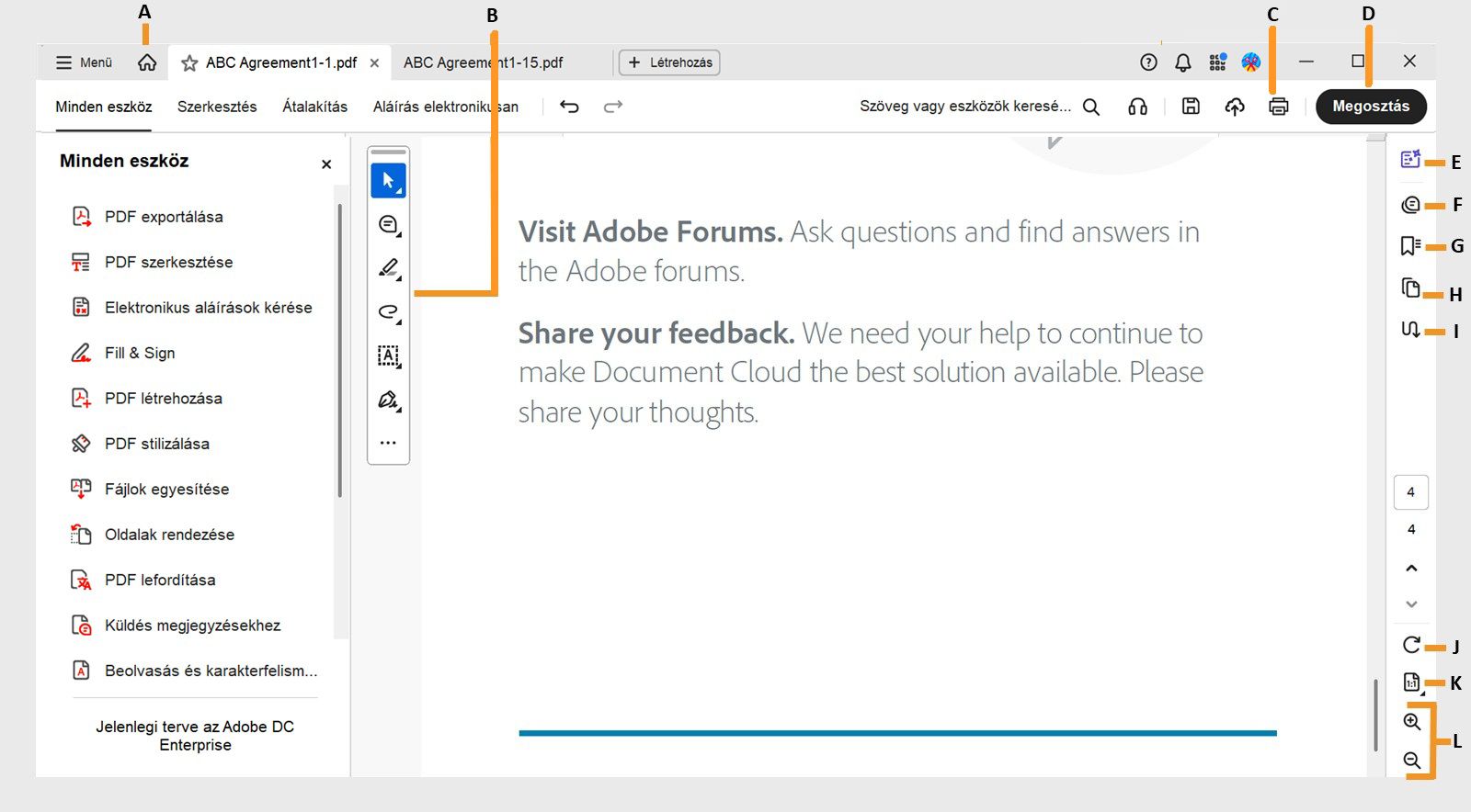 Az Acrobat dokumentumnézet a középső részen mutatja a dokumentumpanelt, bal oldalon az Összes eszköz panelt és a Gyorsművelet eszköztárat, jobb oldalon pedig a navigációs panelt.A felső sáv tartalmazza a Kezdőlap ikont, a Nyomtatás opciót és a Megosztás gombot.
