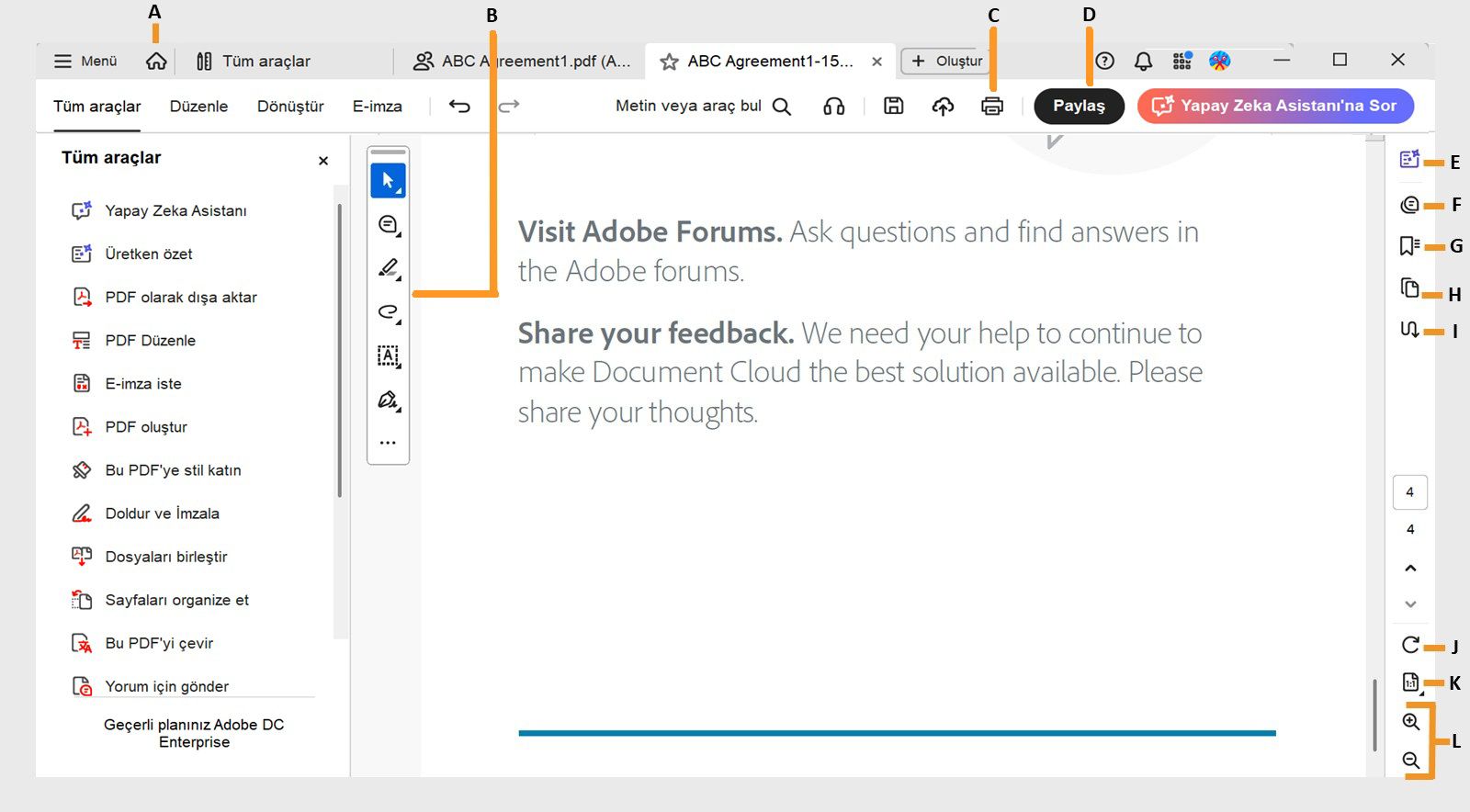 Acrobat Belge görünümü, ortada belge bölmesini, solda Tüm Araçlar bölmesi ve Hızlı Eylem araç çubuğunu ve sağda gezinme bölmesini gösterir.Üst çubuk, Ana Sayfa simgesini, Yazdır seçeneğini ve Paylaş düğmesini içerir.
