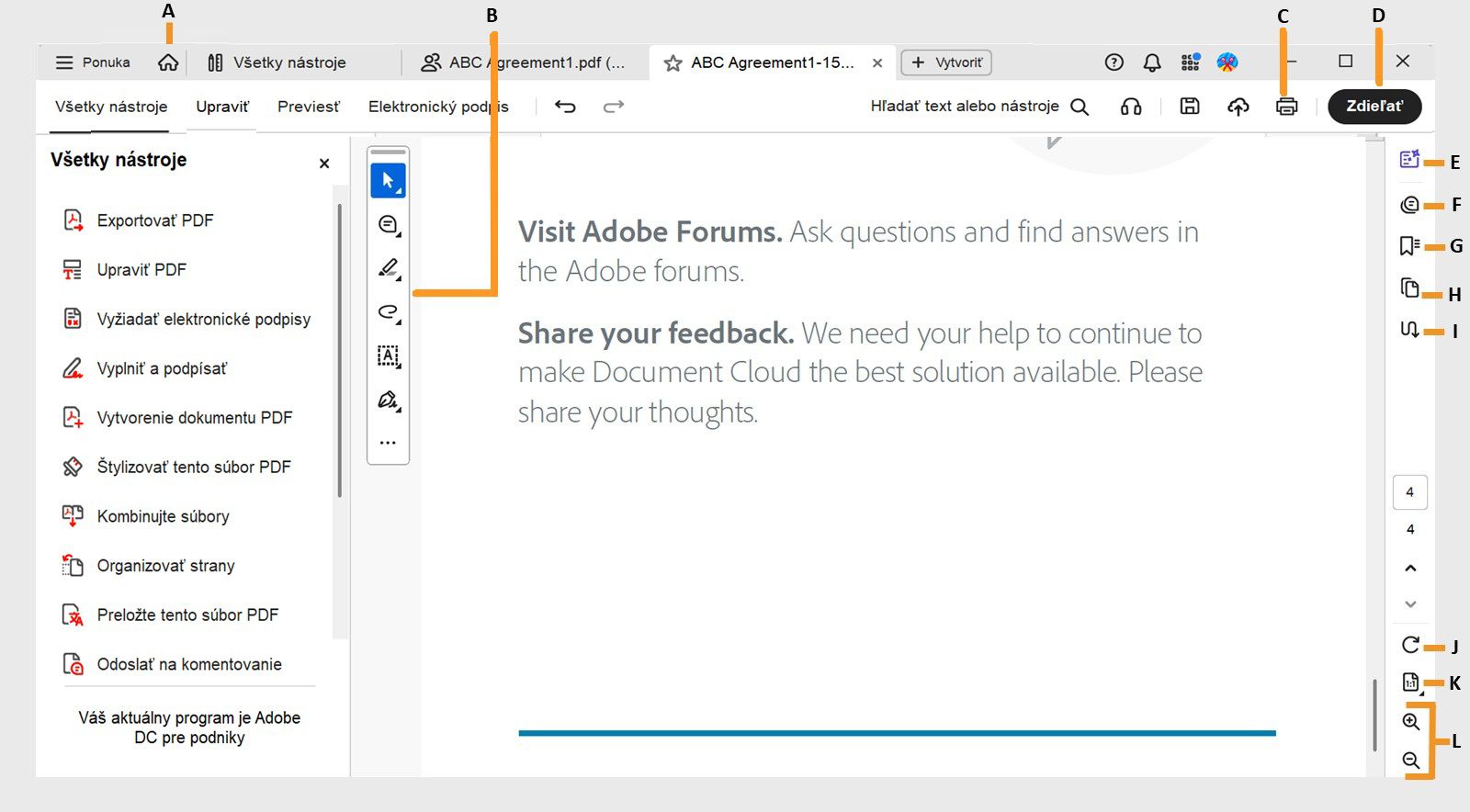 Zobrazenie dokumentu acrobat ukazuje panel dokumentu v strede, s panelom Všetky nástroje a panelom s nástrojmi Rýchla akcia vľavo a navigačným panelom vpravo.Horný panel obsahuje ikonu Domov, možnosť Tlačiť a tlačidlo Zdieľať.