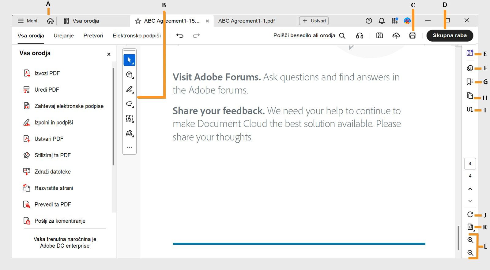Pogled dokumenta v programu Acrobat prikazuje podokno dokumenta v sredini, podokno Vsa orodja in orodno vrstico za hitre akcije na levi ter navigacijsko podokno na desni. Zgornja vrstica vključuje ikono Domov, možnost Natisni in gumb Deli.