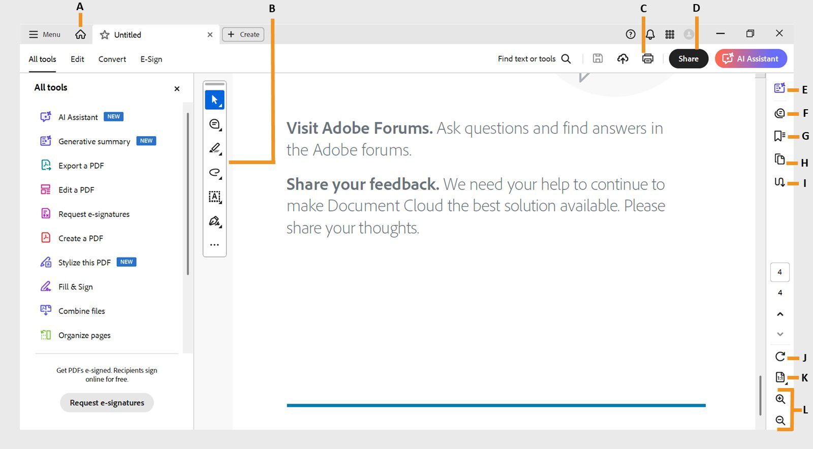 Ipinapakita ng Acrobat Document view ang document pane sa gitna, kasama ang All Tools pane at Quick Action toolbar sa kaliwa, at ang navigation pane sa kanan. Kasama sa itaas na bar ang Home icon, Print option, at Share button.