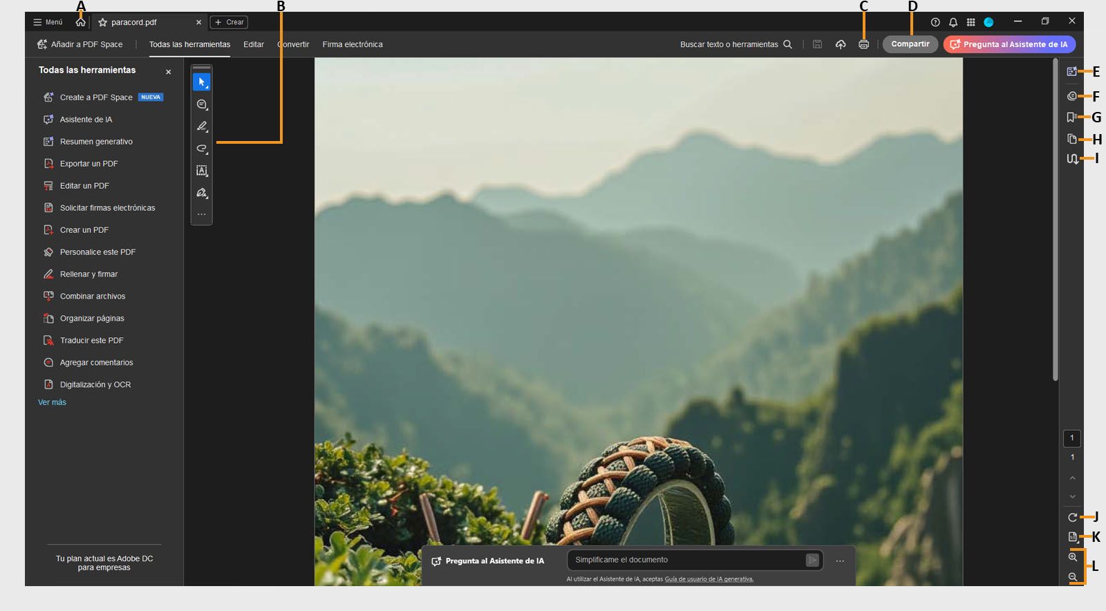 La vista de documento de Acrobat muestra el panel del documento en el centro, con el panel Todas las herramientas y la barra de herramientas de acción rápida a la izquierda, y el panel de navegación a la derecha. La barra superior incluye el icono de Inicio, la opción Imprimir y el botón Compartir.