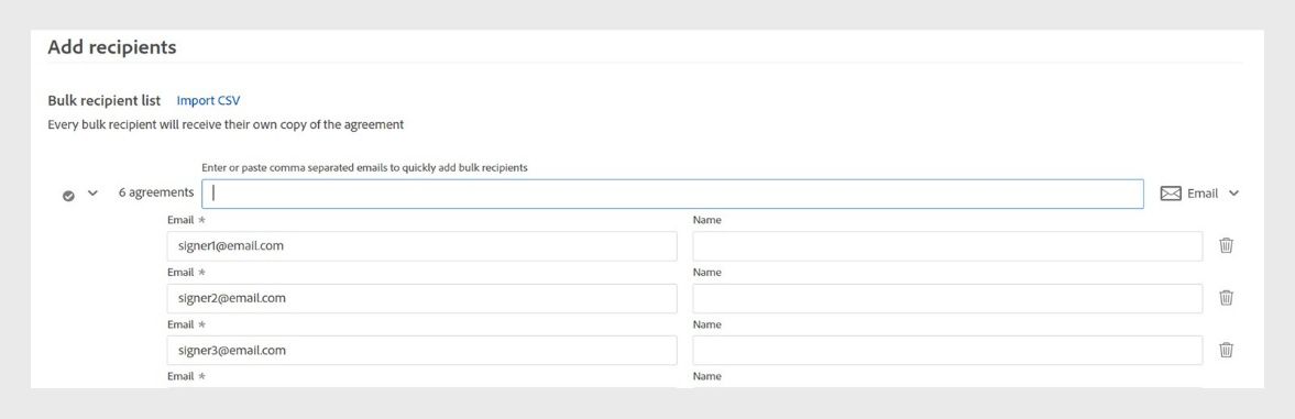 Interface Acrobat affichant l’écran Ajouter des destinataires où les utilisateurs peuvent saisir ou importer des adresses e-mail pour envoyer des demandes de signatures électroniques en masse.