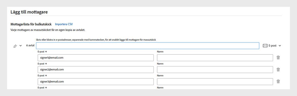 I Acrobat-gränssnittet visas skärmen Lägg till mottagare, där användare kan skriva in eller importera e-postadresser för att göra bulkutskick med begäran om e-signaturer.