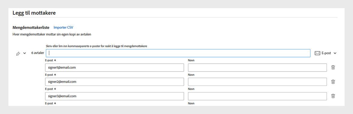 Acrobat-grensesnittet viser skjermbildet Legg til mottakere der brukere kan skrive inn eller importere e-postadresser for å sende flere e-signaturforespørsler samtidig.