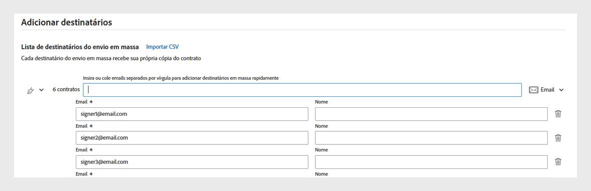 A interface do Acrobat exibe a tela Adicionar destinatários, onde os usuários podem inserir ou importar endereços de email para enviar solicitações de assinatura eletrônica em massa.