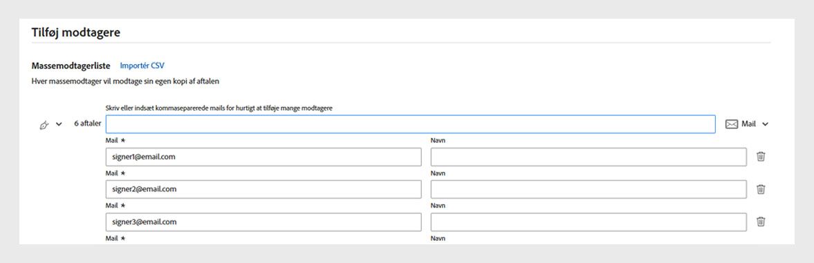 Acrobat-grænsefladen viser skærmen Tilføj modtagere, hvor brugerne kan angive eller importere mailadresser for at sende anmodninger om e-signaturer i massevis.