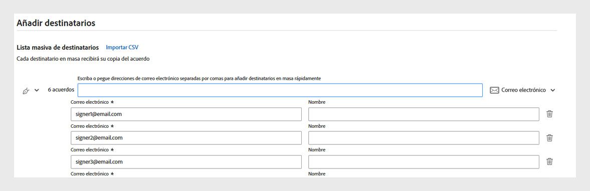 La interfaz de Acrobat muestra la pantalla Agregar destinatarios, en la que los usuarios pueden introducir o importar direcciones de correo electrónico para enviar solicitudes de firma electrónica en bloque.