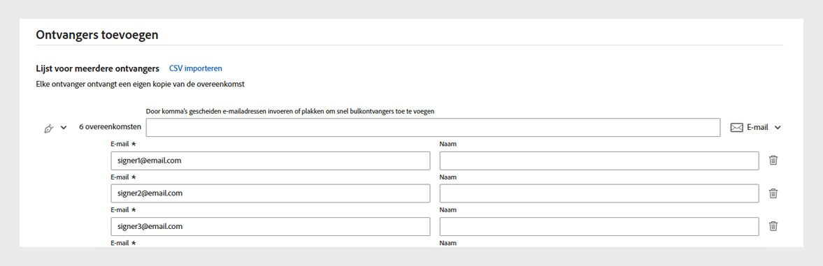 De Acrobat-interface toont het scherm Ontvangers toevoegen, waar gebruikers e-mailadressen kunnen invoeren of e-mailadressen kunnen importeren om elektronische handtekeningen in bulk aan te vragen.