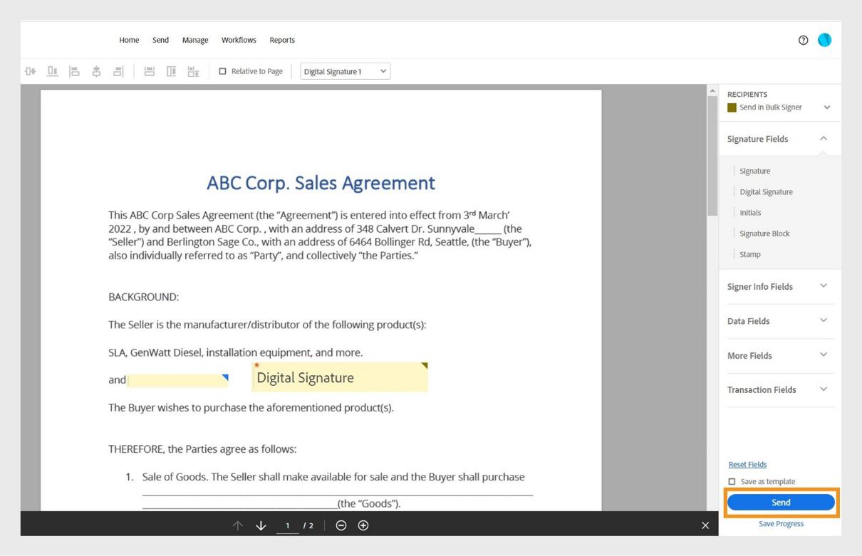 Ipinapakita ng interface ng Acrobat ang isang kasunduan sa pagbebenta na may field ng digital na lagda na na-drag at na-drop sa gustong lokasyon. Naka-highlight ang button na &quot;Send&quot;.