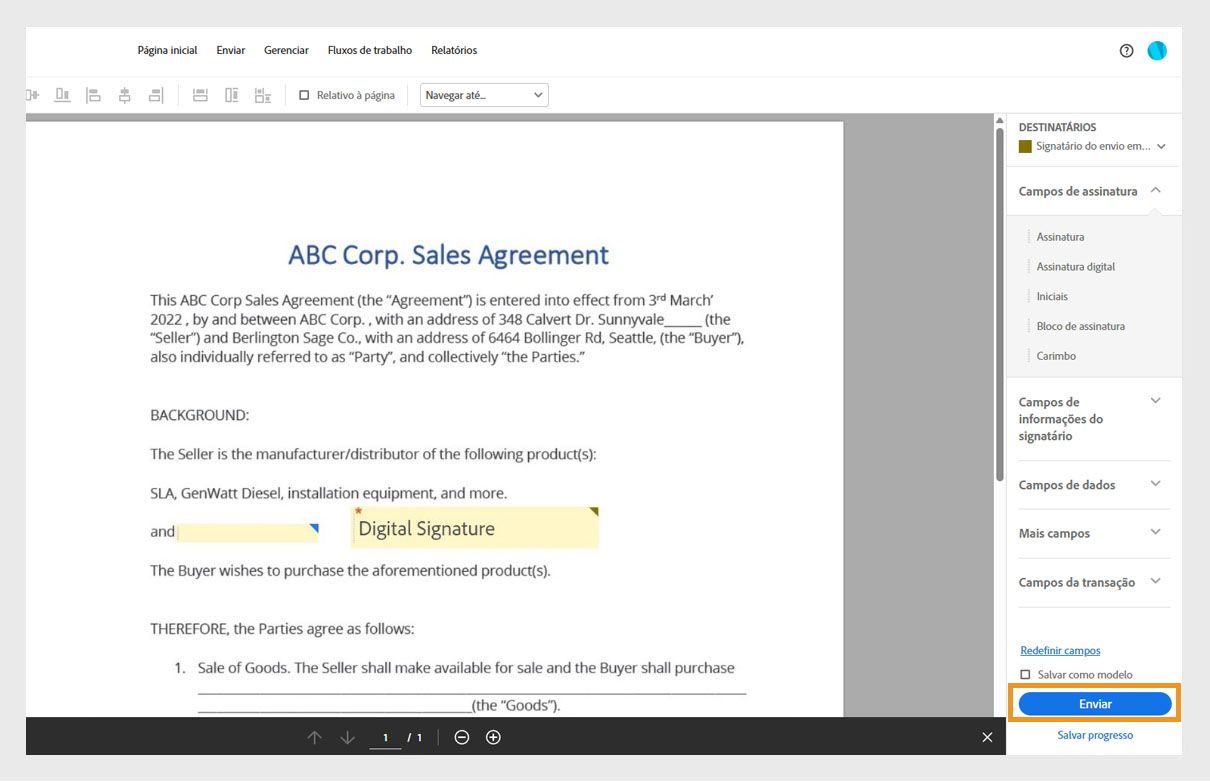A interface do Acrobat mostra um contrato de venda com um campo de assinatura digital arrastado e solto no local desejado. O botão “Enviar” está destacado.